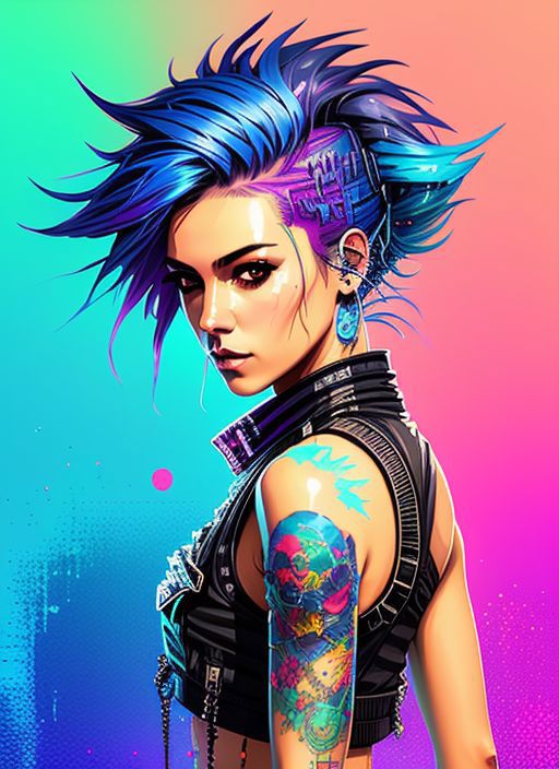 swpunk style synthwaveaward winning half body portrait of a woman in a croptop and cargo pants with ombre navy blue teal h...